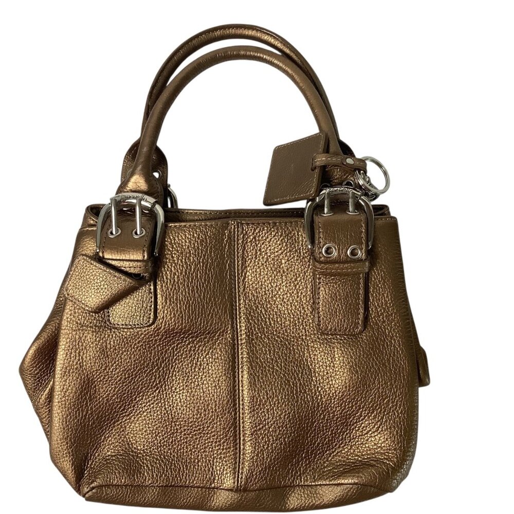 Tignanello Metallic Gold Bronze Leather Satchel Bag Chain-Print Lining